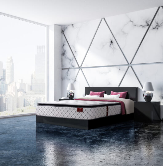 Triangular pattern marble and grey bedroom corner with a gray floor, panoramic windows, a double bed with two bedside tables with cute lamps on them. 3d rendering copy space
