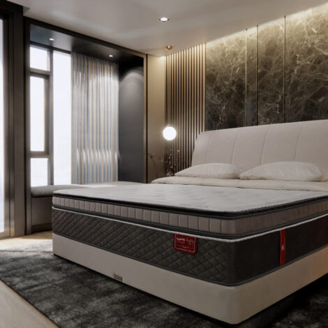 3d rendering a luxury bedroom interior with bedding sheet dark tone and modern style, stone and wooden headboard, wooden floor.