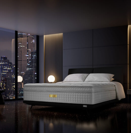 Night scene, Modern style luxury black master bedroom with city view 3d render, There are black terrazzo floor decorated wall with hidden light, furnished with black fabric bed